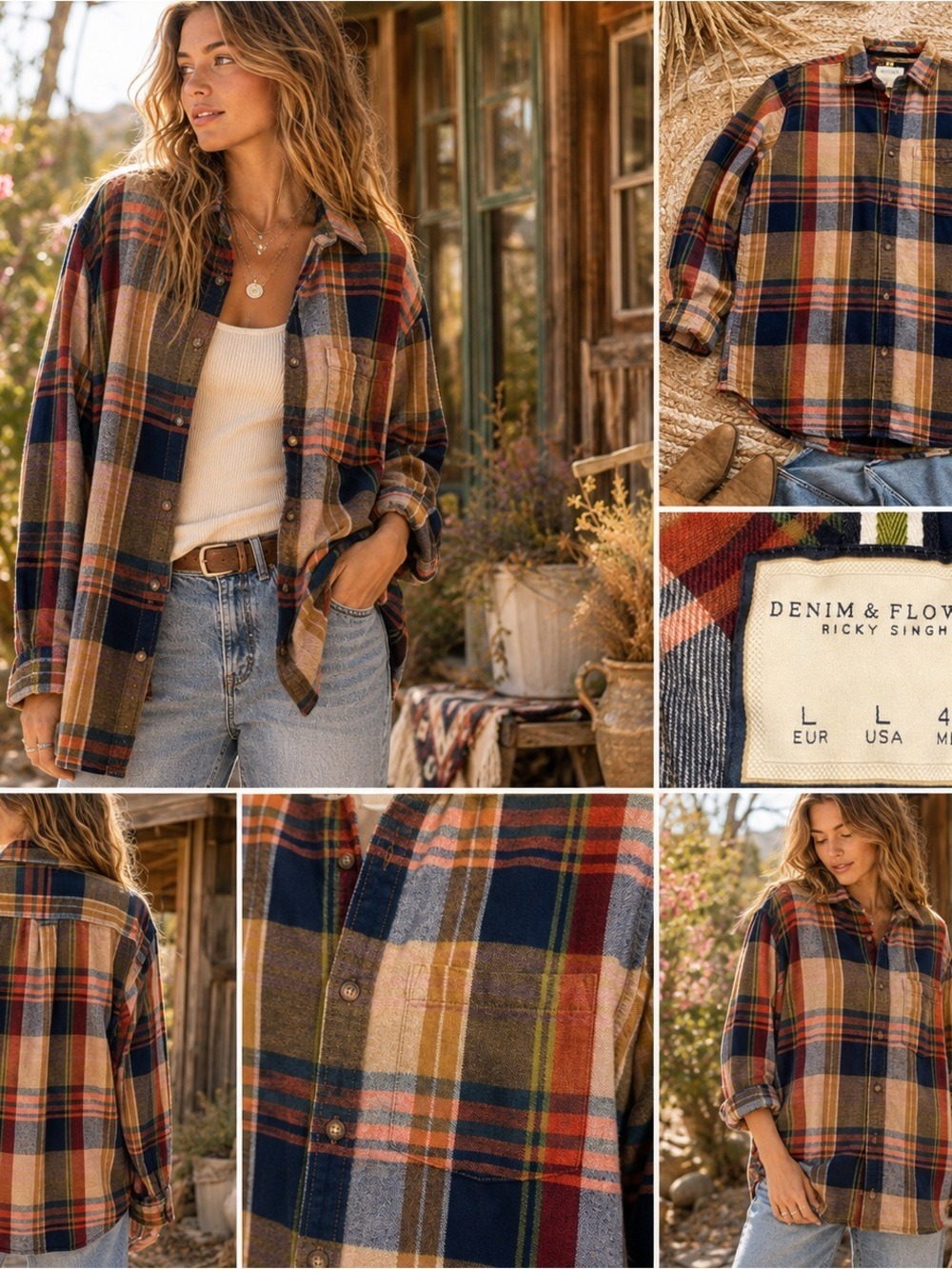 Denim & Flower Ricky Singh Plaid Flannel Shirt Large 100% Cotton Fall - Picture 2 of 10